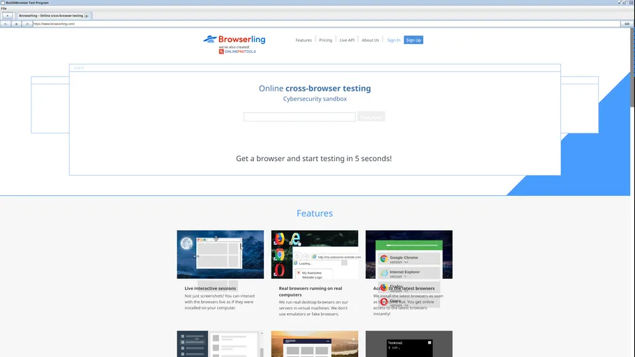 A screenshot of the browser rendering the Browserling homepage.