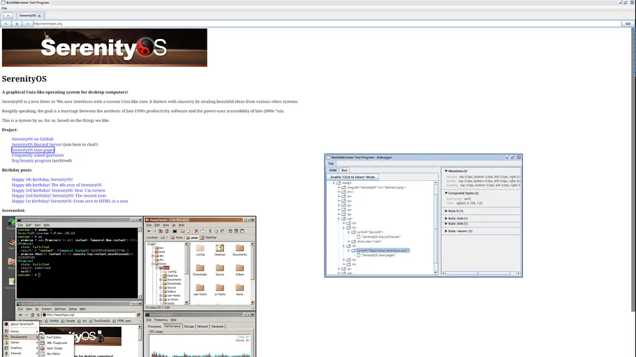 A screenshot of the browser rendering Serenity's homepage.