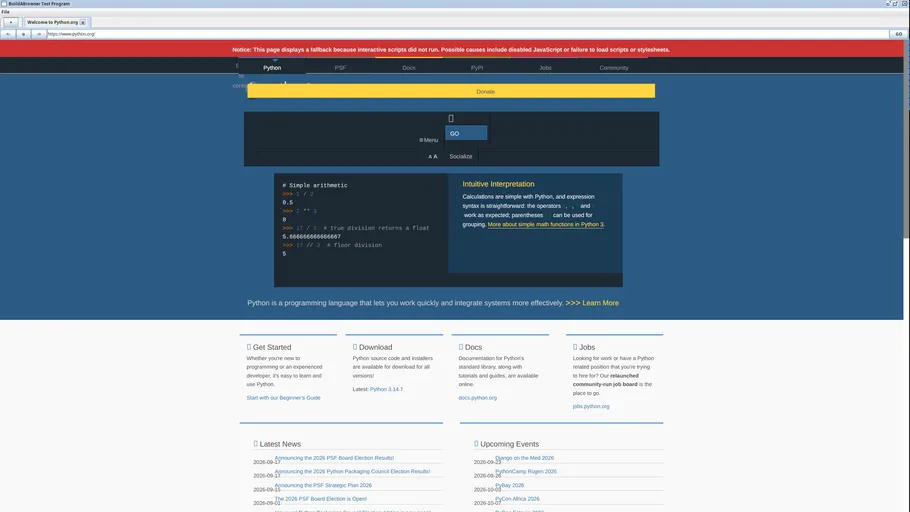 A screenshot of the browser rendering the Python homepage.