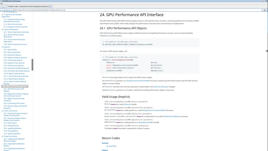 A screenshot of the browser rendering the Vulkan API specification (vkspec).