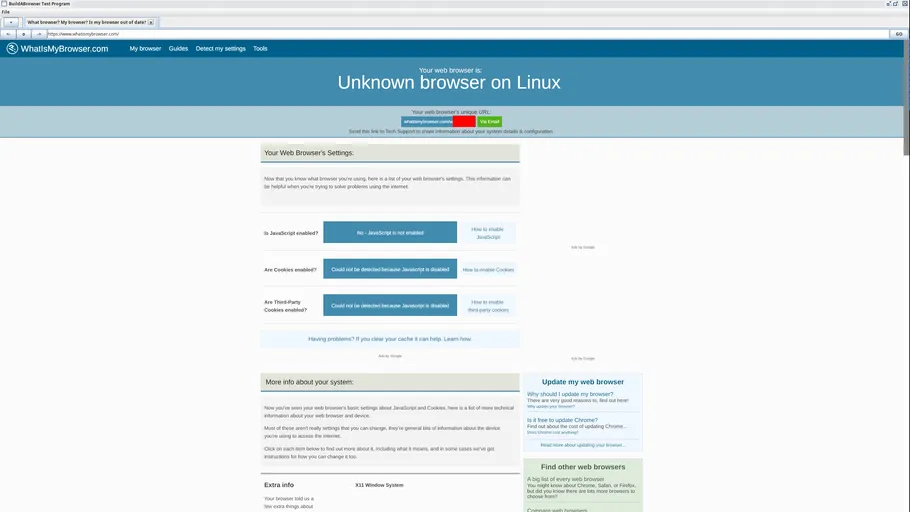 A screenshot of the browser rendering the WhatIsMyBrowser webpage.