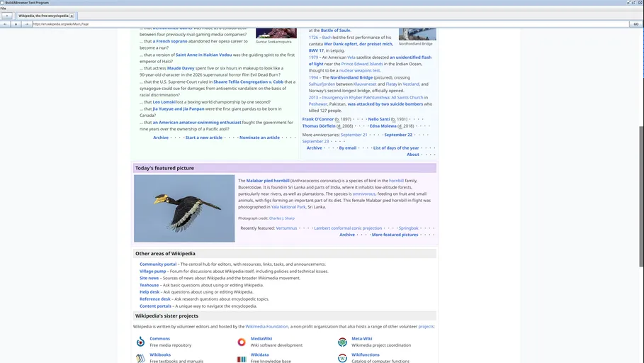 A screenshot of the browser rendering the Wikipedia homepage.